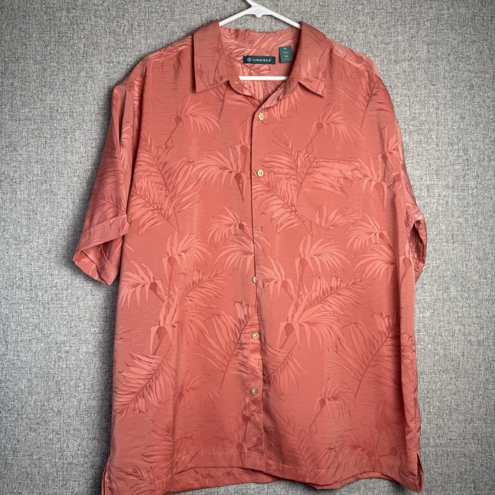 Cubavera Shirt Coral‎ Pink Orange Palm Print Button Up Hawaiian Pocket XL